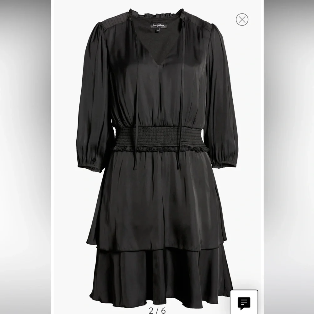 Sam Edelman Long Sleeve Tiered Dress Silky Smock Waist Black L NWT